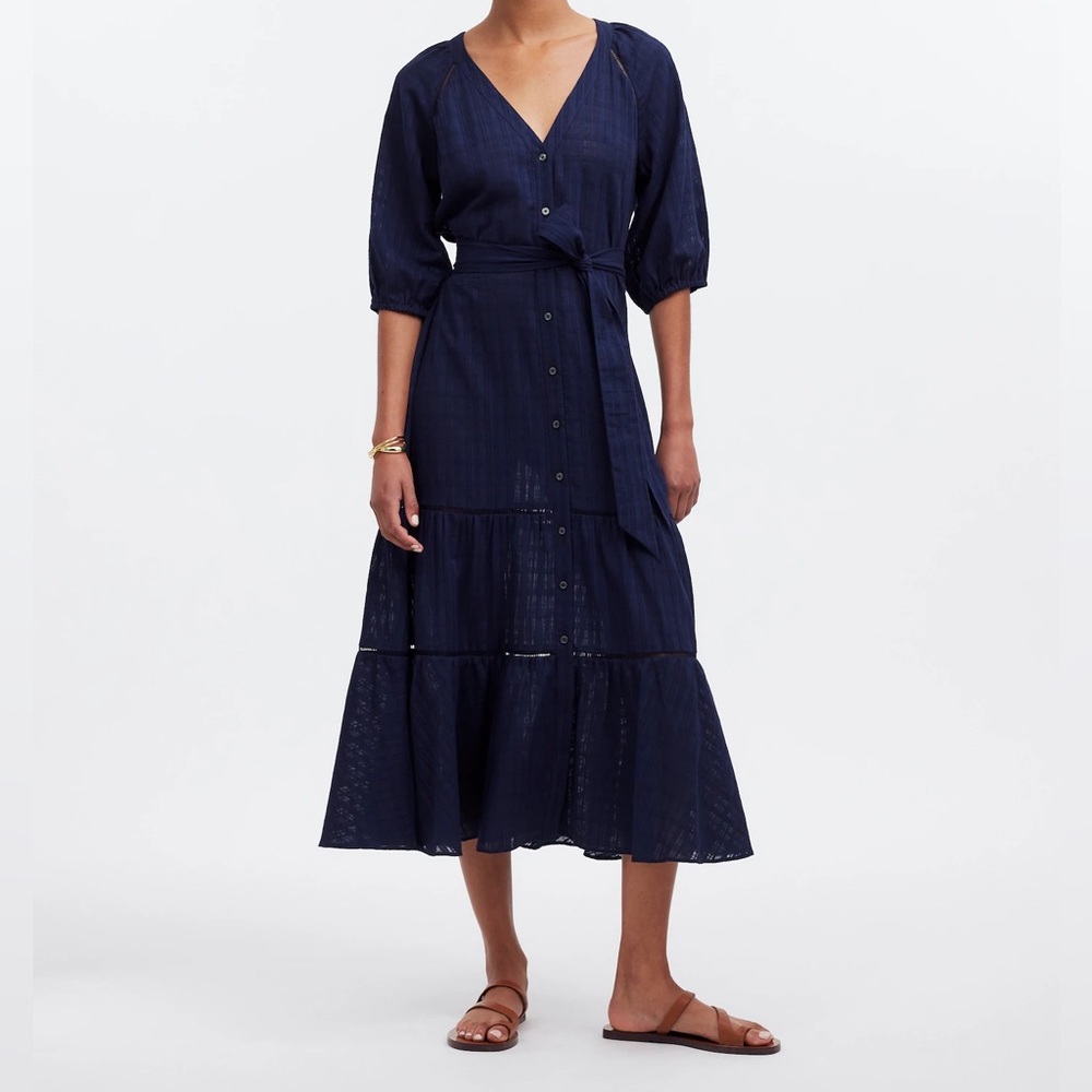 Madewell Tie-Waist Tiered Midi Dress in Windowpane
